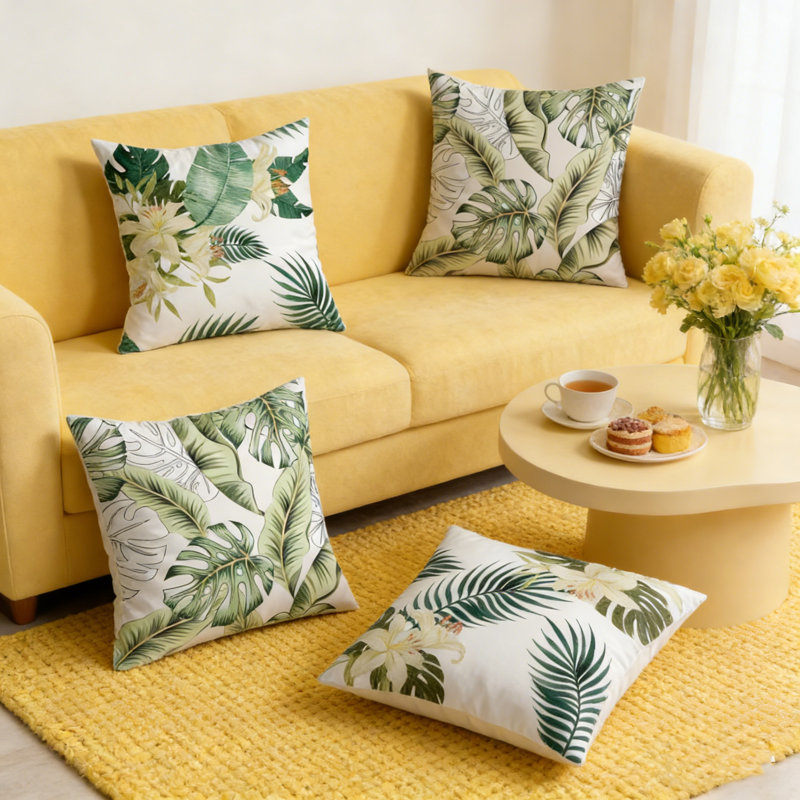 Set of 4 Green Leaf Decorative Pillow Cases, Leaves Throw Pillow Covers 17.7 x 17.7 Inch, Polyester Outdoor Cushion Covers for Sofa Couch Garden Home Decor
