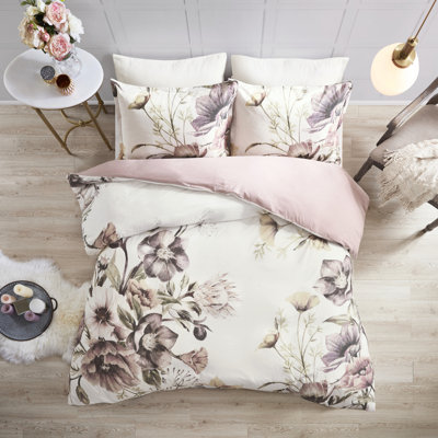 Housse de couette en coton 3 pièces, thème, imprimé floral doux, double / grand, taies décoratives 1 et 2, fermeture à boutons, attaches de coin pour maintenir l'édredon en position, décor imprimé grand / grand, motif rosé, et