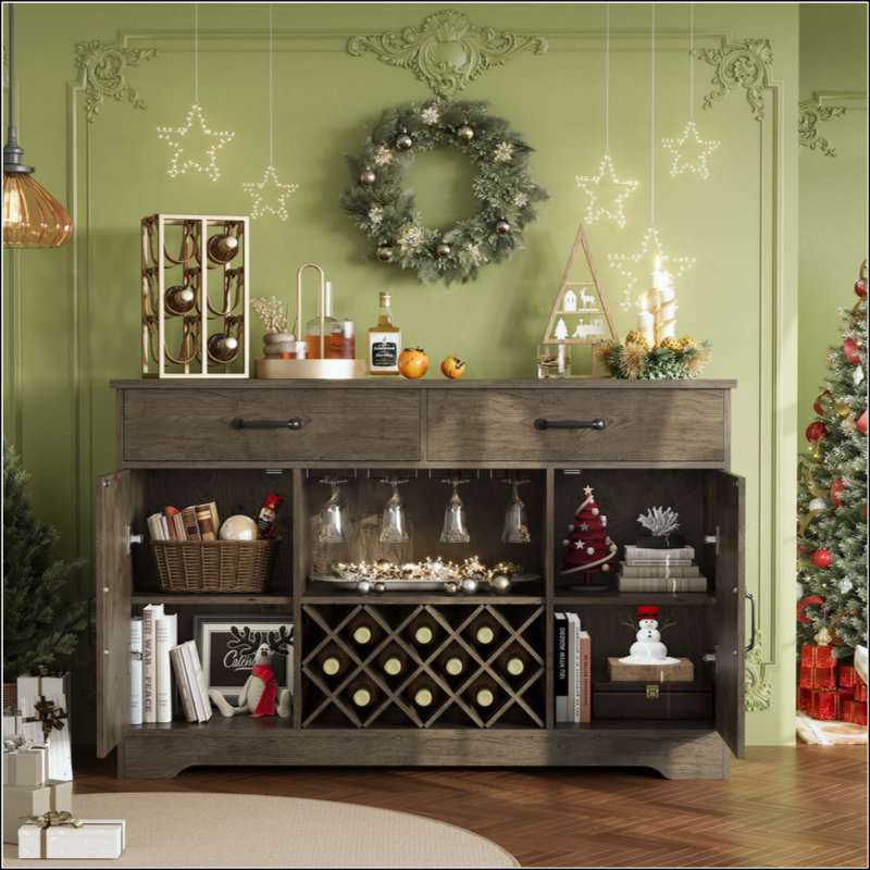 Armoire à café avec rangement et support à vin, porte-verre et 2 tiroirs, console buffet pour la salle à manger de la cuisine