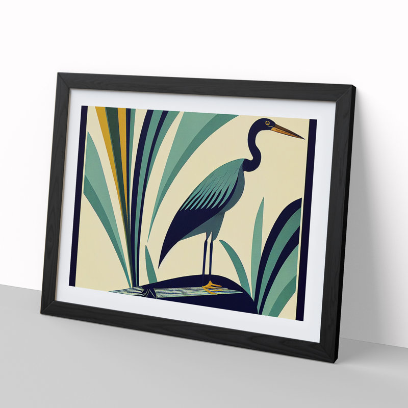 Heron Bird Abstract - Single Picture Frame Print, Black, 46cm H x 64cm W x 2cm D