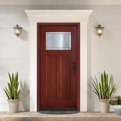 Fiberglass Exterior Door With Brickmould & Vinyl Frame,Knock-Down Entry Door,Stain Mahogany Grain & Craftsman Design