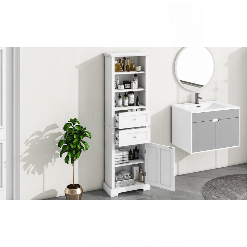 Armoire de salle de bain autoportante avec tablettes réglables et plusieurs compartiments pour un rangement efficace