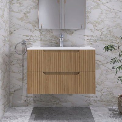 Modern Wall-Mounted  Striped Bathroom Vanity With Ceramic Sink