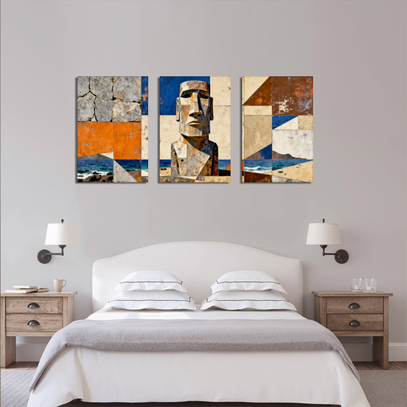 «Moai Statue Abstract Collage», reproduction d'art sur toile tendue sur toile (ensemble de 3), H 18 po x l 36 po