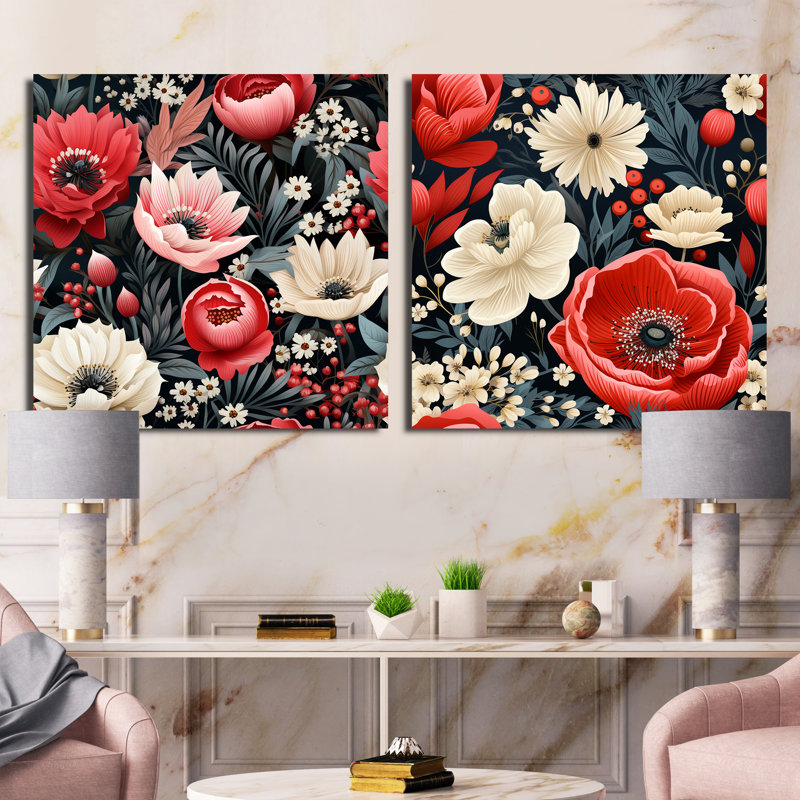 Cadwell - Ensemble de 2 collages carrés floraux, H 16 po x l 33 po, Toile tendue