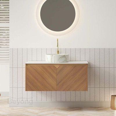 RUBEN 36" Bathroom Vanity&Sink, Floating Plywood Storage Cabinet, Twill Double Doors with Metal Trim, Stone Pattern White Round Ceramic Vessel Basin&Sintered Stone Top, Brown Oak Woodgrain Color