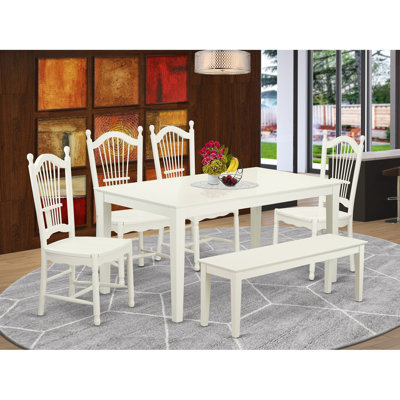 Ensemble de table de salle à manger 6 pièces moderne comprenant une table rectangulaire en bois et 4 chaises en bois avec banc, 36 po x 60 po, lin blanc