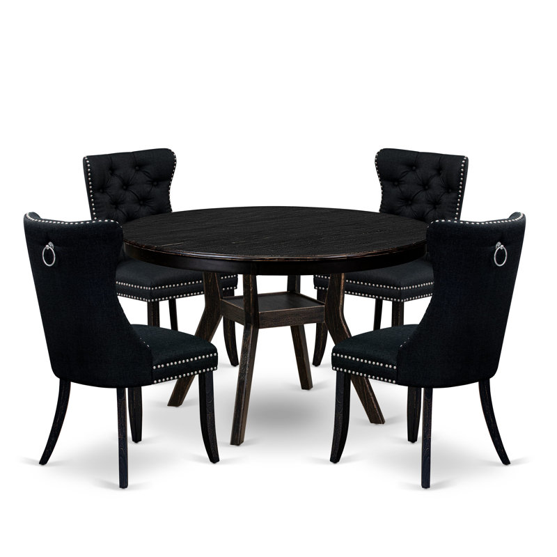 5 Piece Dining Room Set Consists of a Round Table with Pedestal and 4 Black Polyester Fabric Upholstered Chairs, Sand Blasted Black