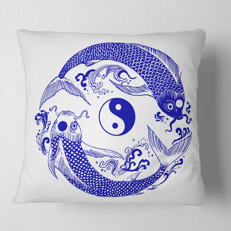 Carré, Chinoiserie Koi Fish II - Coussin décoratif à imprimé traditionnel, 16" x 16"