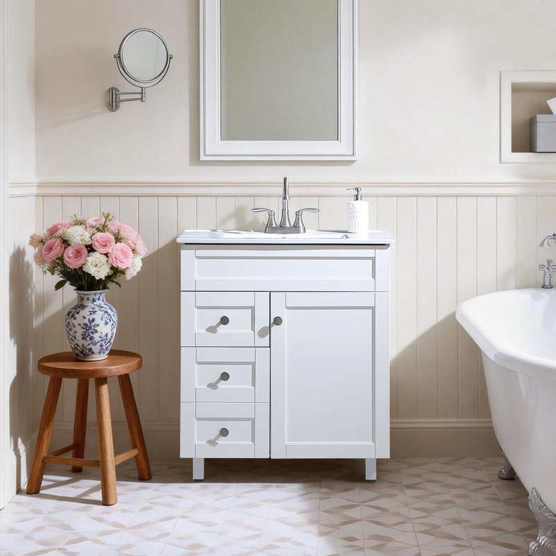 30" Modern Free-Standing Single Bathroom Vanity With Ceramic Top, White