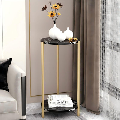 Support à plantes rond à 2 niveaux en métal avec étagères en faux marbre blanc, table d'appoint moderne pour salon et coin