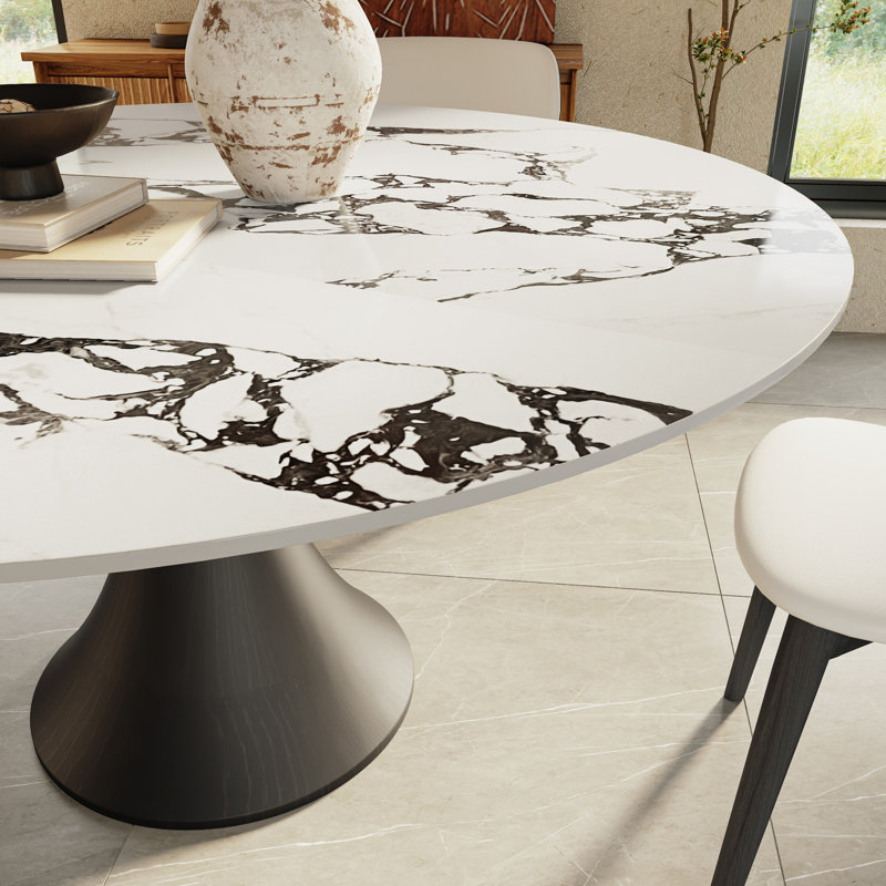 Table de salle à manger Mid-Century ronde pour 4-8 personnes avec plateau en pierre luxueux et piédestal sculptural élégant