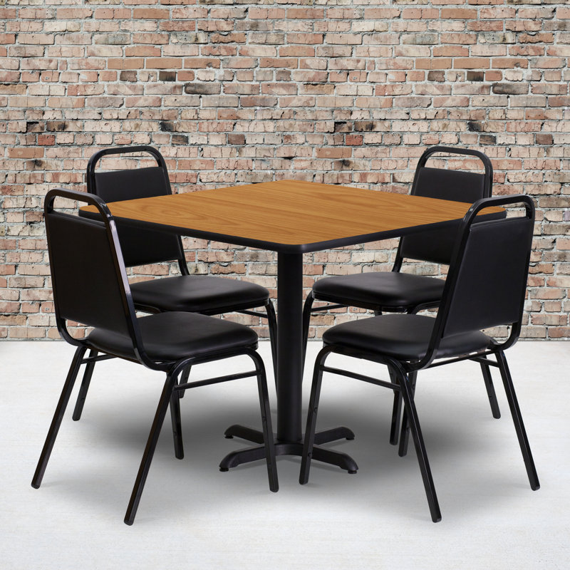 36'' Square Laminate Table Set with X-Base and 4 Trapezoidal Back Banquet Chairs, Natural