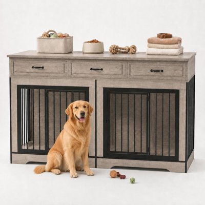Extra Large Double Dog Crate Furniture – Wooden Kennel for 2 Medium or Large Dogs, End Table & TV Stand, Chew Resistant, 3 Storage Drawers