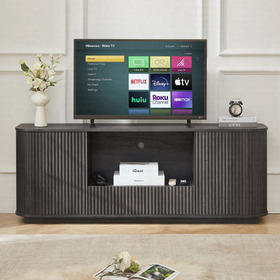 64" Modern Wavy TV Stand, Rounded Sideboard With Vertical Stripe Doors, Wooden Storage Cabinet With Cable Management Holes