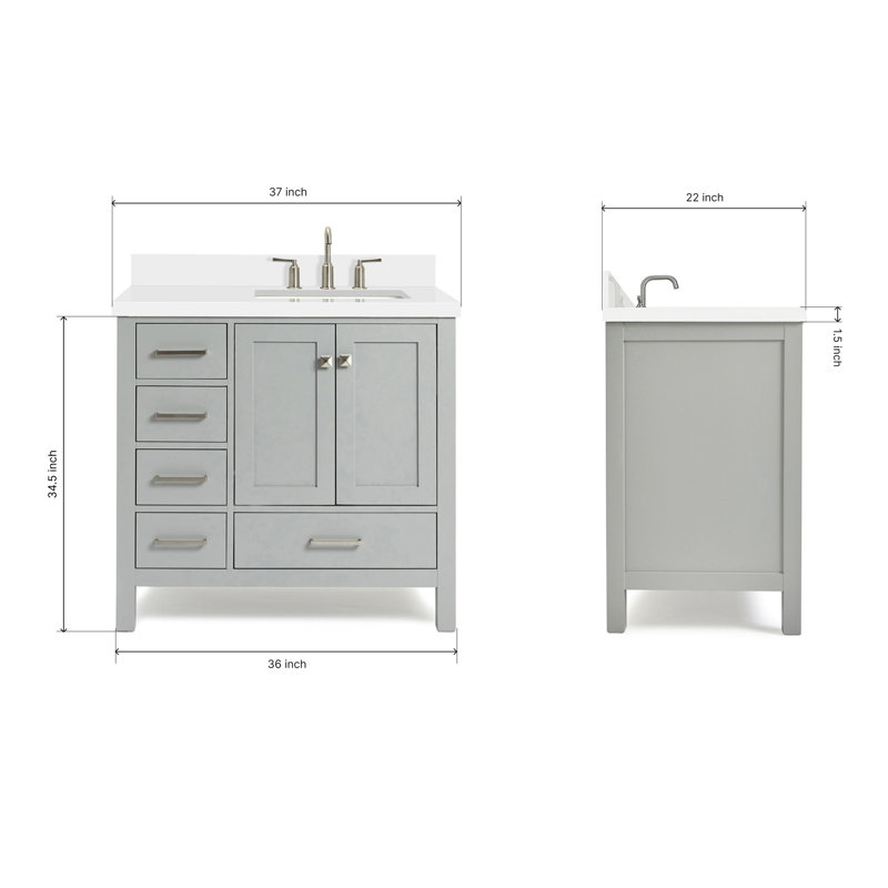 Cambridge 37'' W Single Vanity, Gray, Pure White Quartz, Rectangular