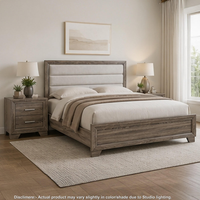 Ensemble de chambre à coucher Queen, chêne brun, argent, ensemble 3 pièces avec 2 tables de chevet, 3 Pcs: Bed, 2 Nightstand