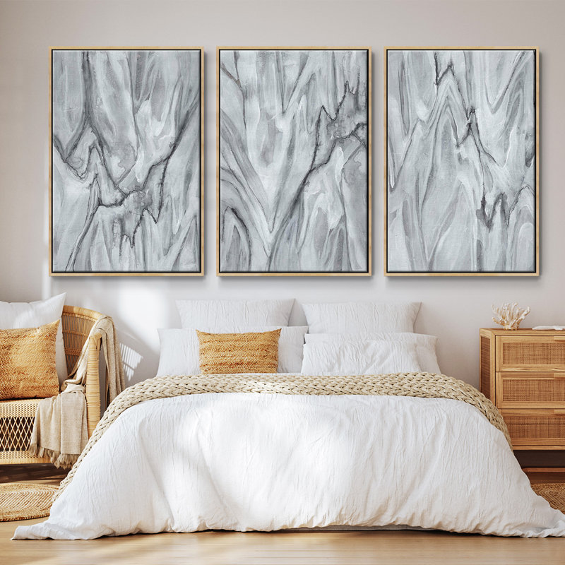 Marbré blanc I, ensemble de 3 toiles encadrées sur toile, Cadre en bois naturel, H 36 po x l 72 po x P 2 po