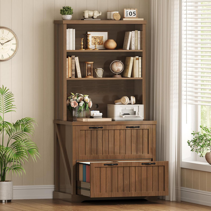 2-Drawer Filing Cabinet, Farmhouse Wood Tall File Cabinet for Home Office with Storage Shelves, Fits Letter/Legal/A4 Size, Lateral File Cabinet with Bookshelf, Brown