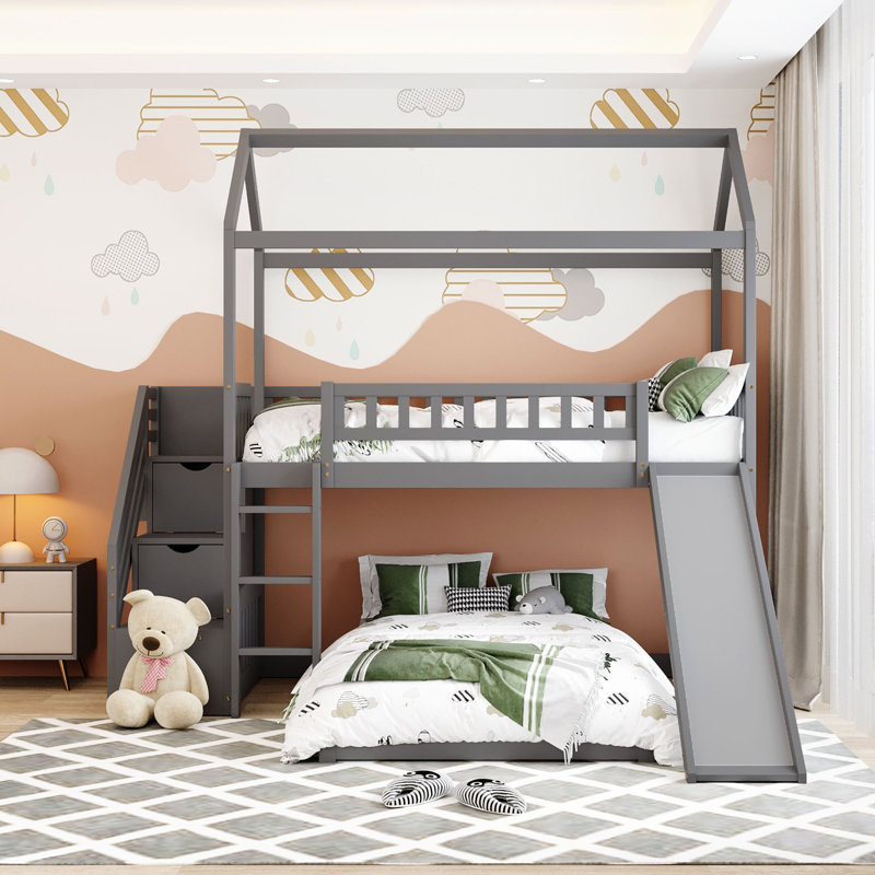 Twin Over Twin Bunk Bed With Two Drawers And Slide, House Bed With Slide, White, Gray