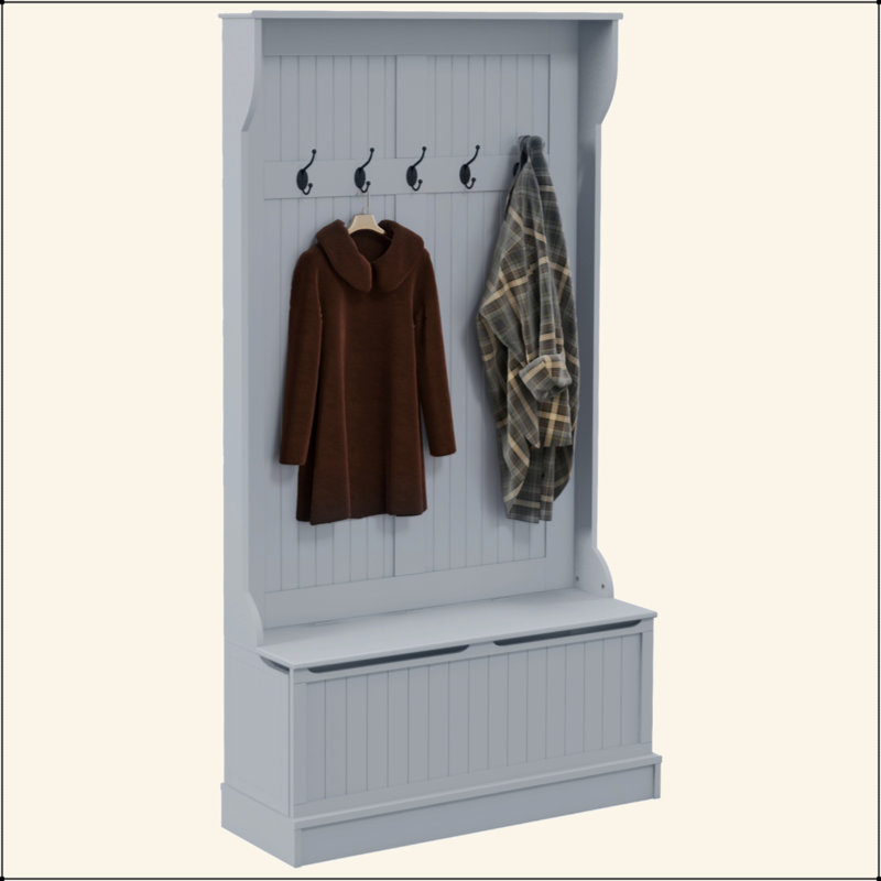 Arbre d'entrée 38 po 3-en-1 avec banc de rangement, portemanteau avec quatre crochets et rangement pour chaussures, Gris
