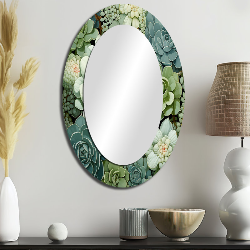 Green Succulents Flowers Serene Succulents IV - Succulent Decorative Mirror, Traditional Wall Mirror, Printed Metal Art, Oval