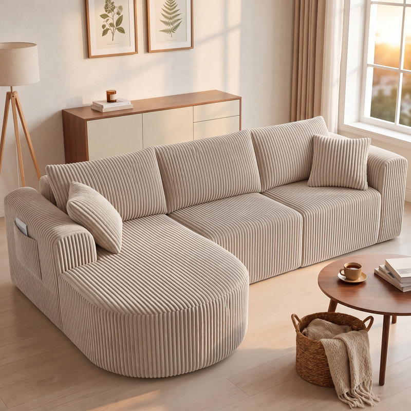 3 Seater Fabric Corner Sectional, Beige, Right