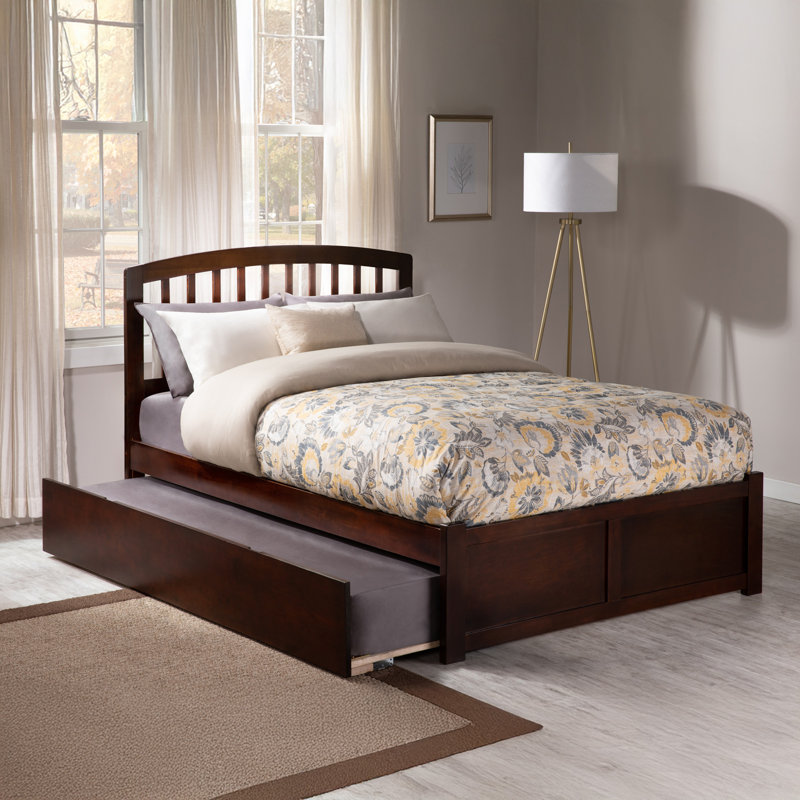 Bharmal Solid Wood Arched Slat Platform Bed with Footboard & Full Roll Out Trundle, Walnut