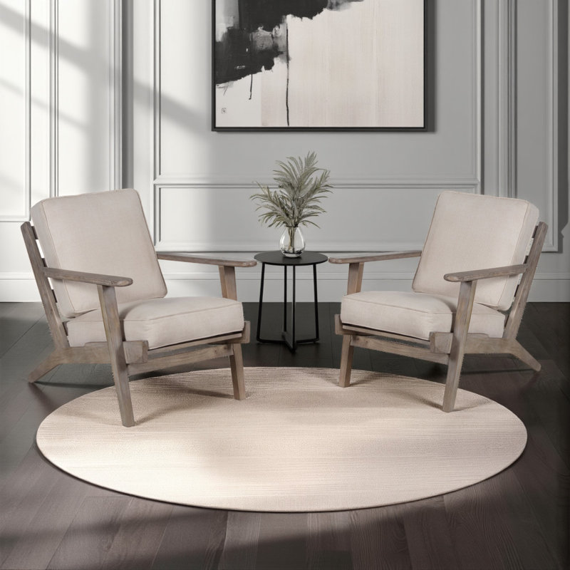 Amber Accent Chair, Handcrafted Washed Ash Gray Mango Wood, Beige Fabric Cushions, Angled Legs