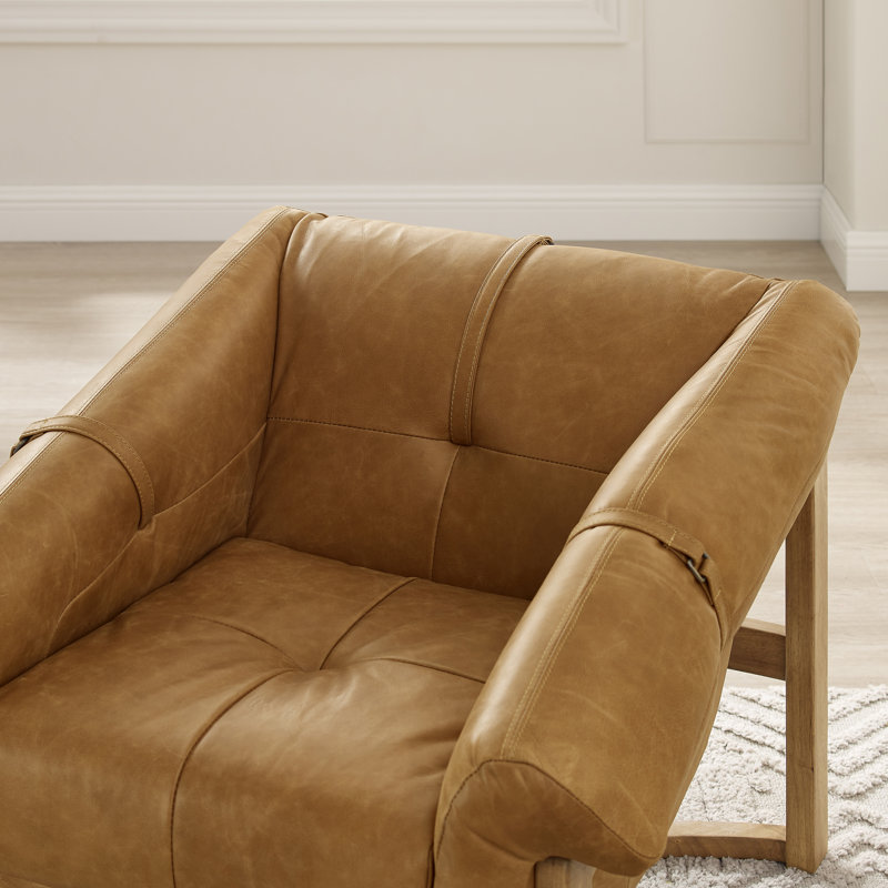 Rod 33.5'' W Tufted Full-Grain Leather Accent Leisure Lounge Armchair with Ash Wood Base, Cognac Full-Grain Leather