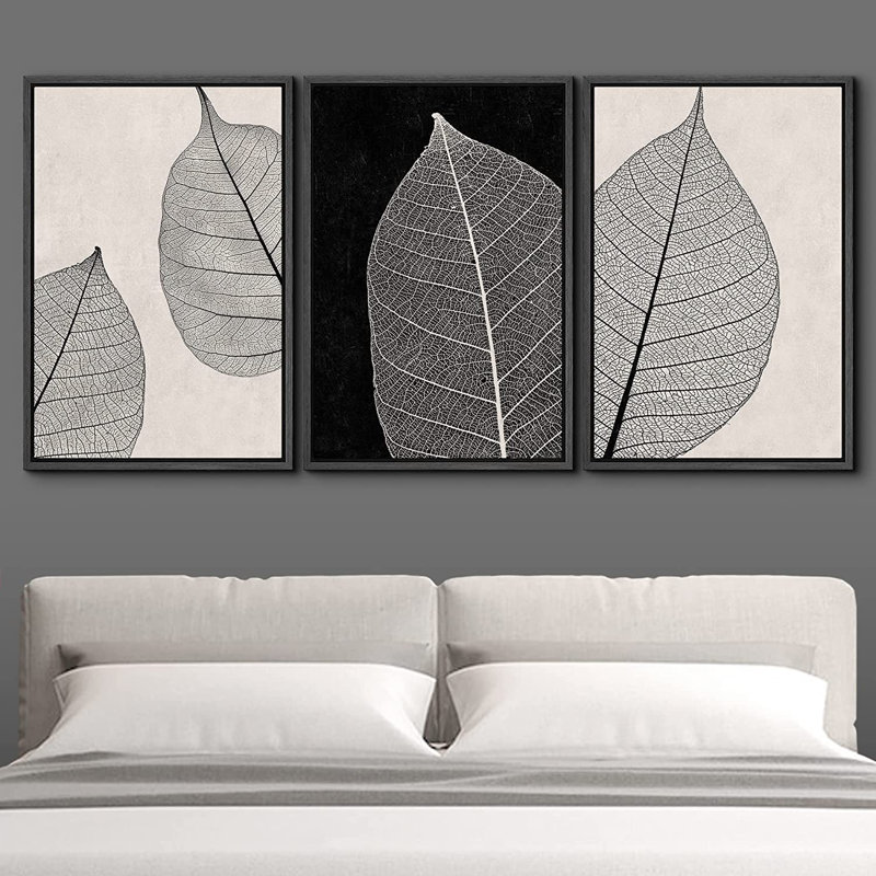 Leaves " IDEA4WALL Framed Canvas Print Wall Art Set Tan Black Forest Plant Leaf Close Up Details Abstract Shapes Illustrations Modern Art Decorative Nordic For Living Room, Bedroom, Office " 3 - Pieces