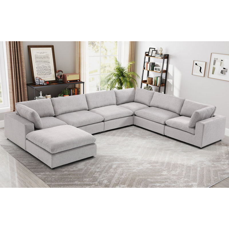 Canapé modulaire rembourré avec repose-pieds 7 pièces Nuccio, Gris clair