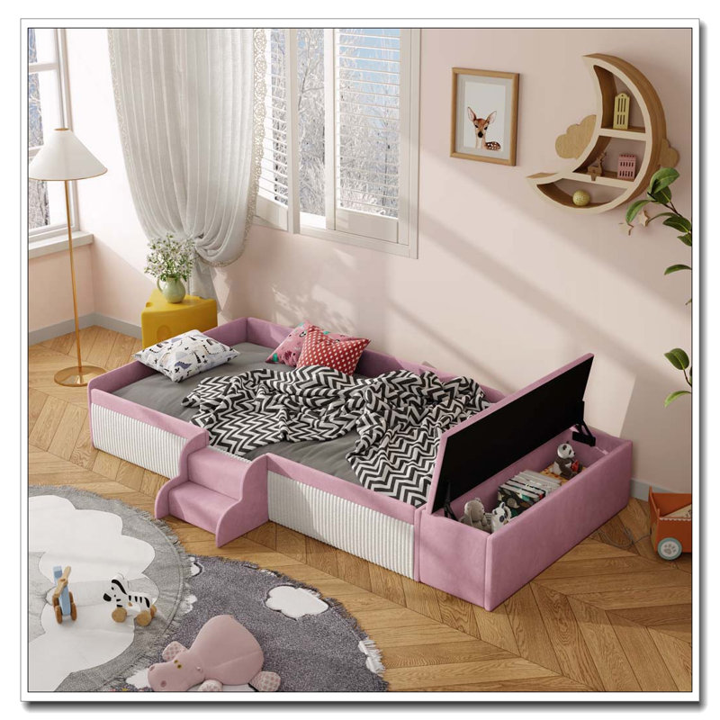 Velvet Upholstered Daybed with Stairs, Gas Lift Storage Ottoman, Twin, Pink+White