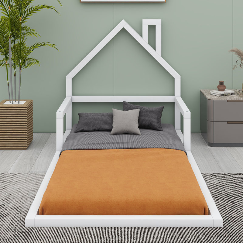 Lit de plancher avec rails, tête de lit en forme de maison et clôture, Lit simple, Blanc