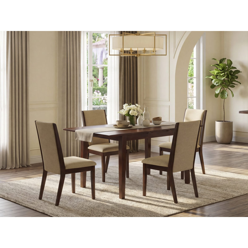 Mahogany Finish Solid Wood Top - Upholstered Dining Room Set with Butterfly Leaf, 5 Pieces: 1 Table, 4 Chairs
