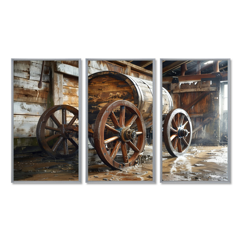 «Brown Rustic Barrels Charm IV», ensemble d'art mural rustique, Toile encadrée flottée blanche, H 40 po x l 60 po x P 1 po