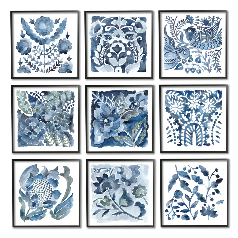 «Abstract Botanical Birds Flowers Layered Watercolor» par Chariklia Zarris, ensemble de 9 peintures sur toiles