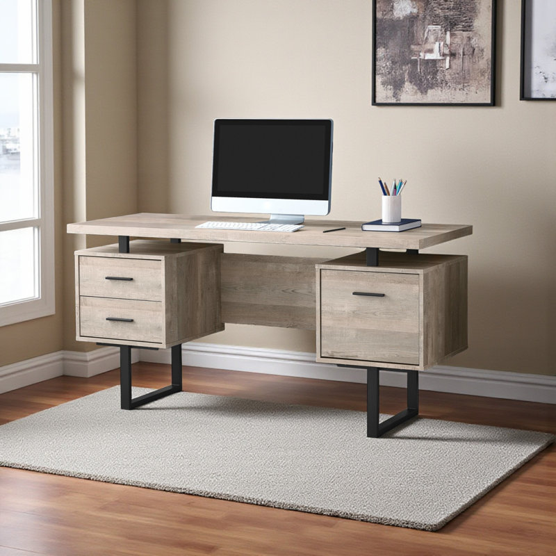 Bureau d'ordinateur à 2 tiroirs brun clair avec pieds en métal Everdon H 30,1 po x l 59,8 po x P 23,64 po Everdon