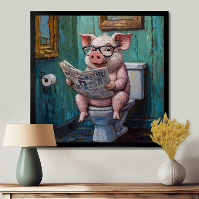 Kenniyah Toilet Pig Reading The Newspaper II - pig Wall Art