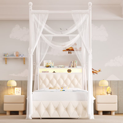 ⭐️ Magical Princess Bed for Kids | Twin Size with LED Lights & USB Charging | Cream