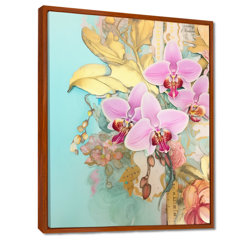 Orchidées roses, délicatesse dorée, bleu rétro - orchidée murale, salon, Cadre flottant brun, bois massif, H 32 po x l 16 po