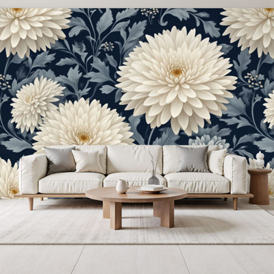 Papier peint auto-adhésif à motif de feuilles de chèvrehème crème à motif floral avec feuilles bleues foncées H 69 "x l 96" amovible