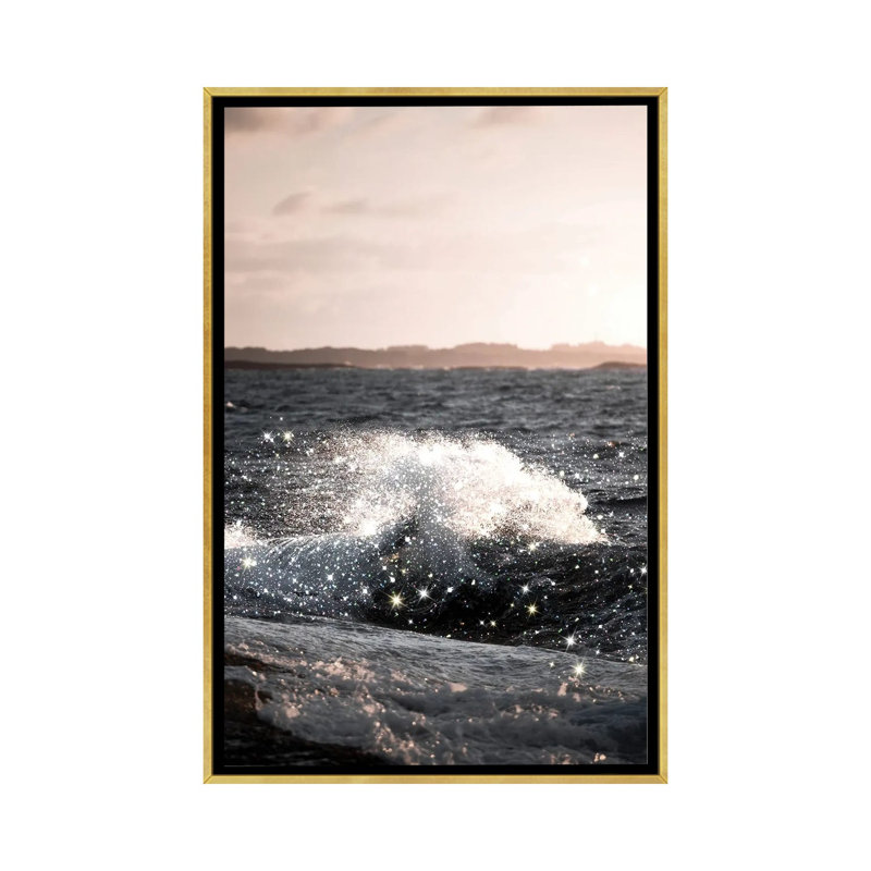 Vague coucher de soleil paillettes-impression d’art graphique, H 26 po x l 18 po x 1,5 po, Toile encadrée d'or, Pas de tapis