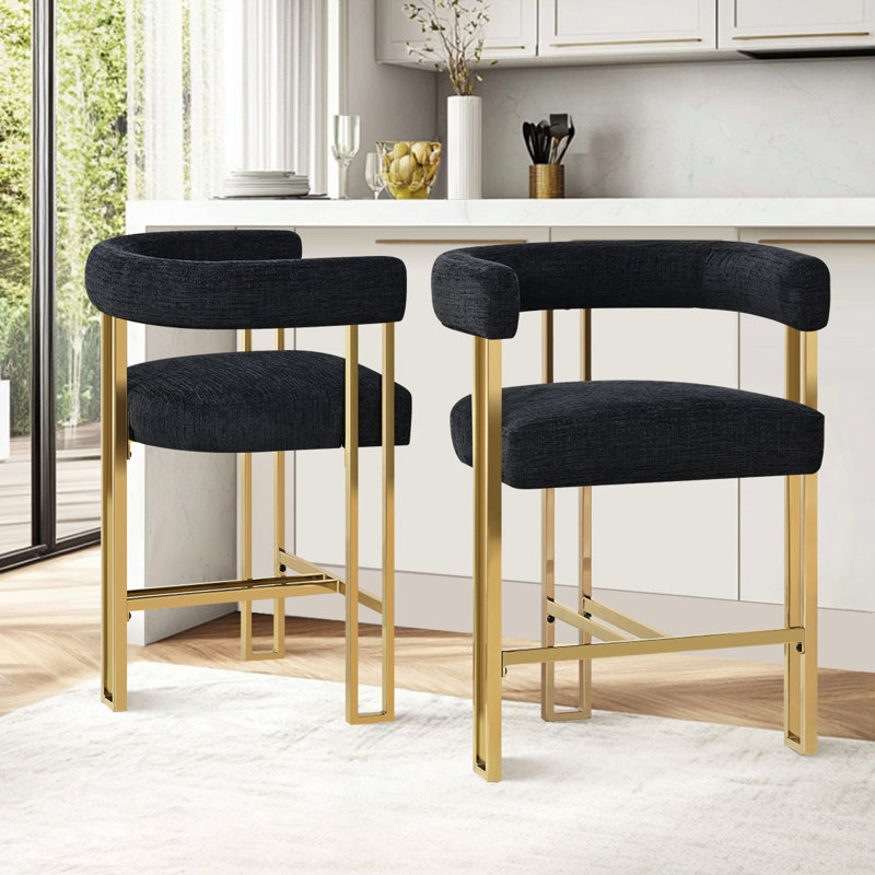 25" Upholstered Gold Chenille Arm Counter Stool (Set Of 2), Black