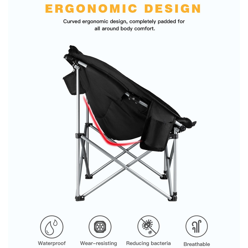  Folding Saucer Lounge Chair with Cup Holder Storage, Black/Medium Gray, Black/Medium Gray