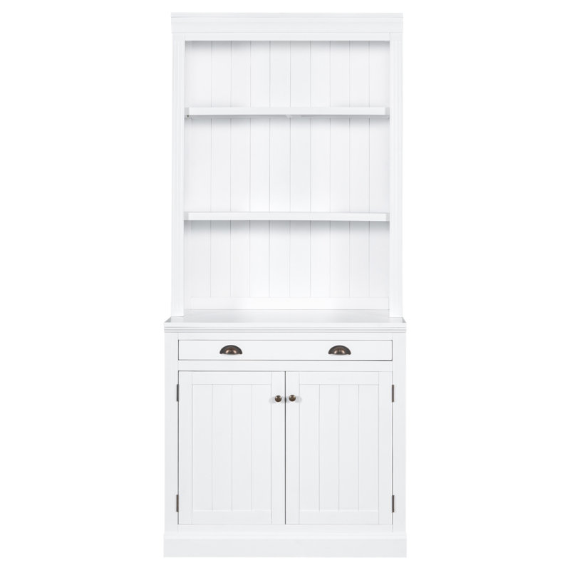 83.4" Tall White Solid Wood Bookcase with LED Lighting and Doors