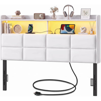 Tête de lit standard seulement avec rangement à 2 niveaux et station de recharge, blanche