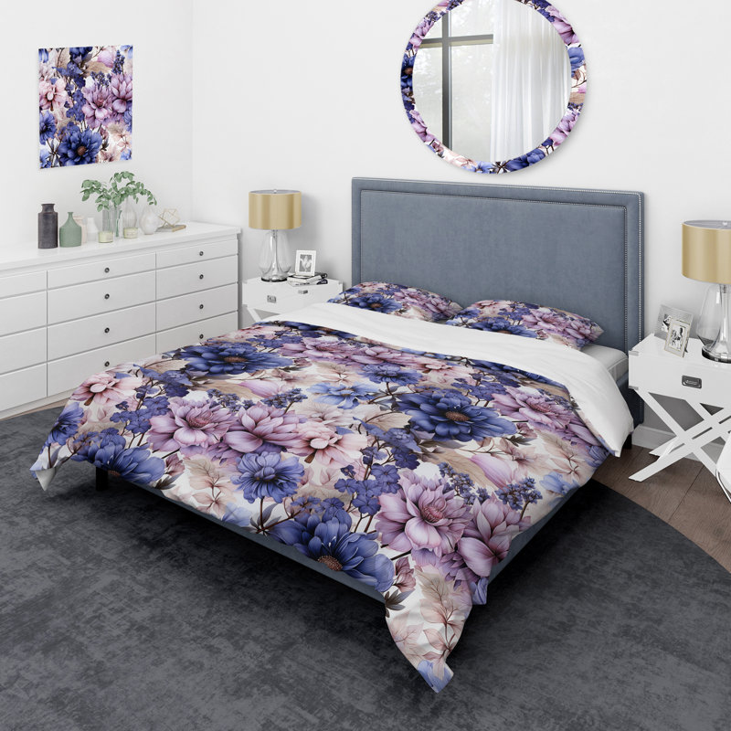 Ensemble de housse de couette floral bleu et mauve, Housse de couette pour très grand lit et 2 très