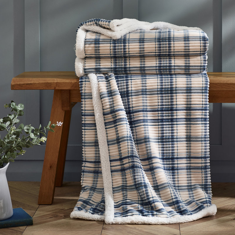 Cosy Ribbed Check 130x170cm Blanket Throw, Blue