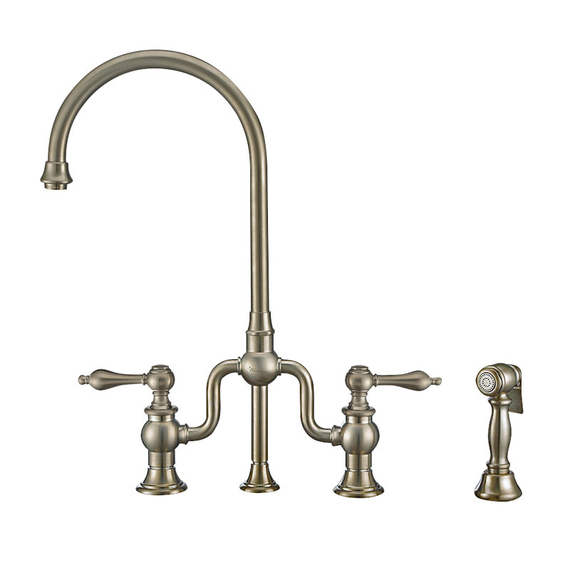 Whitehaus Collection Bridge Faucet with Gooseneck Swivel Spout and Solid Brass Side Spray, Brushed Nickel, Lever Handle